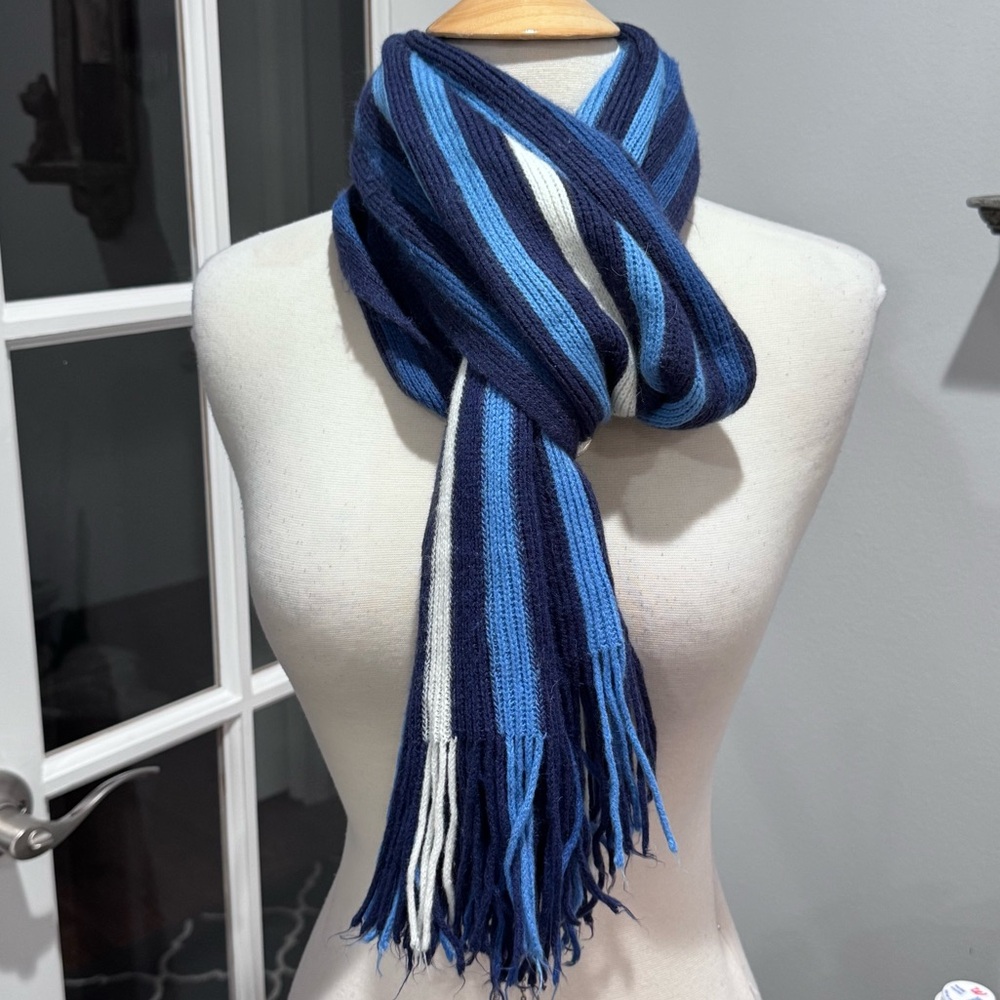 Striped Blue and White Scarf with Fringe